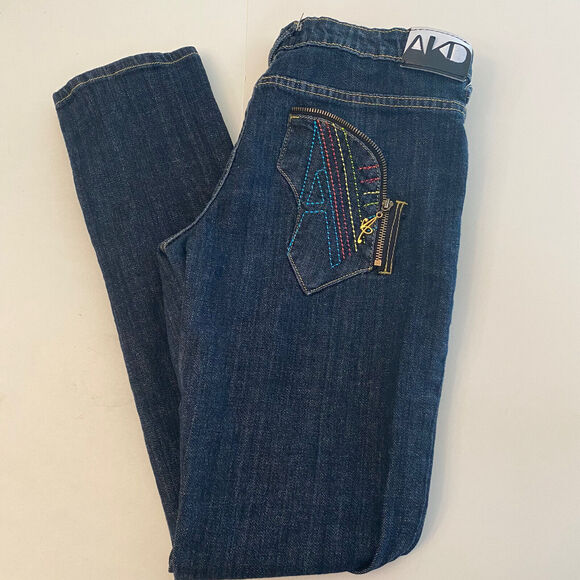 AKDMKS Jeans Size 11. Embroidered Pockets Zipper Accents - Picture 1 of 9